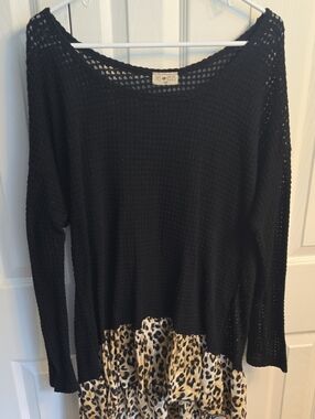 Free Kisses Black Waffle Knit Sweater with Leopard Hem
